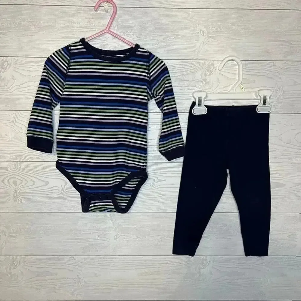 Cherokee long sleeve striped bodysuit/ Carter’s navy leggings size 18 months